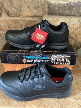 Skechers Work Sneakers Nampa OSIL Black Size 9.5 Wide Men Slip Resistant NIB